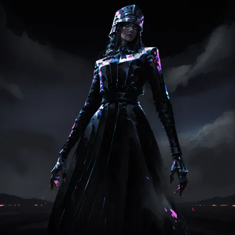 artist: wlop, masterpiece, best quality, illustration,( a woman with pale skin), black hair, long hair, cold blue eyes, detailed face, wearing victorian ball gown, wearing dark gray Victorian battle dress with metal on it, wearing dark gray, battle dress w...