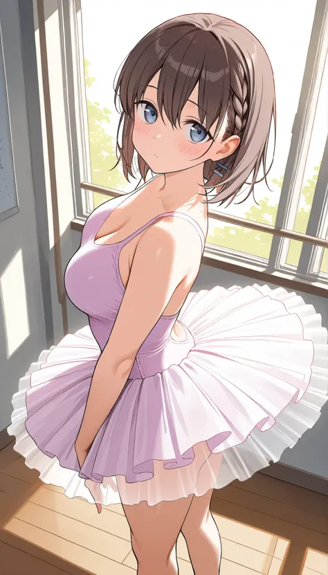 masterpiece, best quality, ultra detailed, highres, 4k, score_9, score_8_up, score_7_up, source_anime, 1girl, ai-chan from tawawa on monday, blush, ballet studio, ballerina, tutu, bare legs