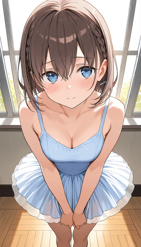 masterpiece, best quality, ultra detailed, highres, 4k, score_9, score_8_up, score_7_up, source_anime, 1girl, ai-chan from tawawa on monday, blush, ballet studio, ballerina, tutu, bare legs