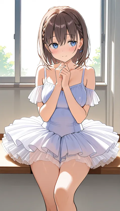 masterpiece, best quality, ultra detailed, highres, 4k, score_9, score_8_up, score_7_up, source_anime, 1girl, ai-chan from tawawa on monday, blush, ballet studio, ballerina, tutu, bare legs
