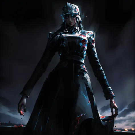artist: wlop, masterpiece, best quality, illustration,( a woman with pale skin), black hair, long hair, cold blue eyes, detailed face, wearing victorian ball gown, wearing dark gray Victorian battle dress with metal on it, wearing dark gray, battle dress w...