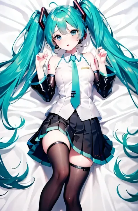 Hatsune Miku, pleated skirt, white sheets, Lie on your back, angle from above , embarrassing, Seducing Men, Red cheeks, (Above the knee:1.3), Make the subject larger