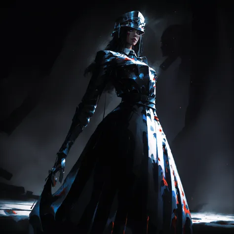 artist: wlop, masterpiece, best quality, illustration,( a woman with pale skin), black hair, long hair, cold blue eyes, detailed face, wearing victorian ball gown, wearing dark gray Victorian battle dress with metal on it, wearing dark gray, battle dress w...