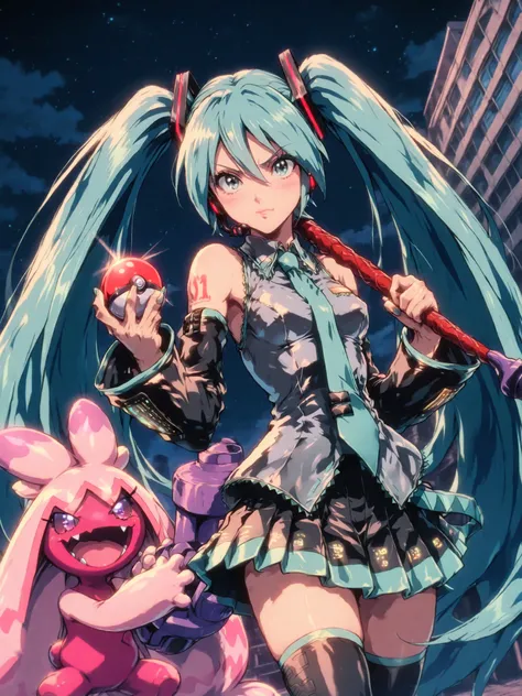  masterpieace, ultra detailed, 4k resolution, cinematic lighting, dynamic angle, perfect anatomy, natural proportions, expressive faces, realistic shading, soft ambient occlusion, Hatsune Miku, wearing clothes in purple details, holding a pokeball, in a de...