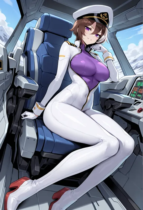 A female mobile suit pilot, 21, slim fit body, b-cup breasts, tall, long legs, purple eyes, short brown hair with white highlights, wears a full body tight suit, with a commander's hat, cold and aloof, arrogant, specializes in long ranged combat, aligned w...
