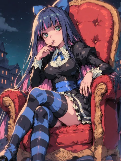 masterpiece, ultra detailed, 4k resolution, cinematic lighting, dynamic angle, perfect anatomy, natural proportions, expressive faces, realistic shading, soft ambient occlusion, Stocking from the anime Panty & Stocking with Garterbelt with ponytail hair, s...