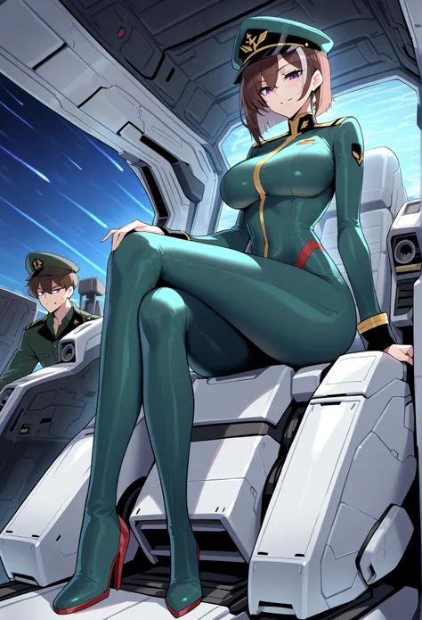 A female mobile suit pilot, 21, slim fit body, b-cup breasts, tall, long legs, purple eyes, short brown hair with white highlights, wears a full body tight suit, with a commander's hat, cold and aloof, arrogant, specializes in long ranged combat, aligned w...