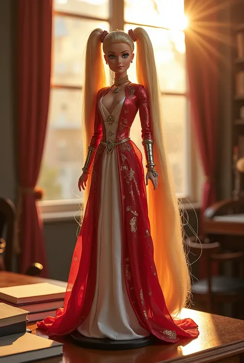 A Barbie doll with ultra-long blonde twin-tails stands regally on a smooth display base atop a study desk. She wears the majestic costume of the Empress of the Twin-tail Empire—an elegant, futuristic design that radiates both authority and beauty. The sett...