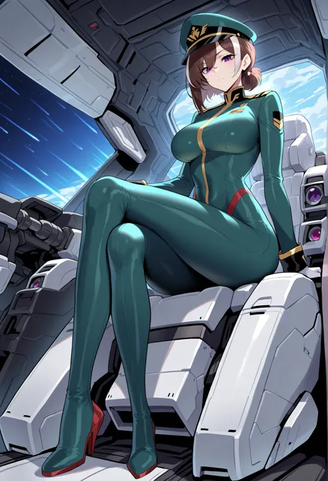 A female mobile suit pilot, 21, slim fit body, b-cup breasts, tall, long legs, purple eyes, short brown hair with white highlights, wears a full body tight suit, with a commander's hat, cold and aloof, arrogant, specializes in long ranged combat, aligned w...