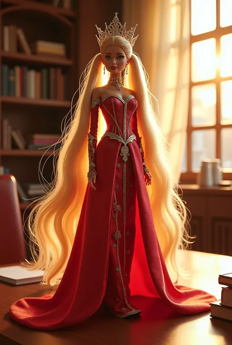 A Barbie doll with ultra-long blonde twin-tails stands regally on a smooth display base atop a study desk. She wears the majestic costume of the Empress of the Twin-tail Empire—an elegant, futuristic design that radiates both authority and beauty. The sett...