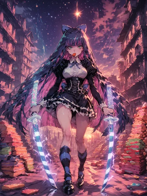 masterpiece, ultra detailed, 4k resolution, cinematic lighting, dynamic angle, perfect anatomy, natural proportions, expressive faces, realistic shading, soft ambient occlusion, Stocking from the anime Panty & Stocking with Garterbelt with ponytail hair, s...