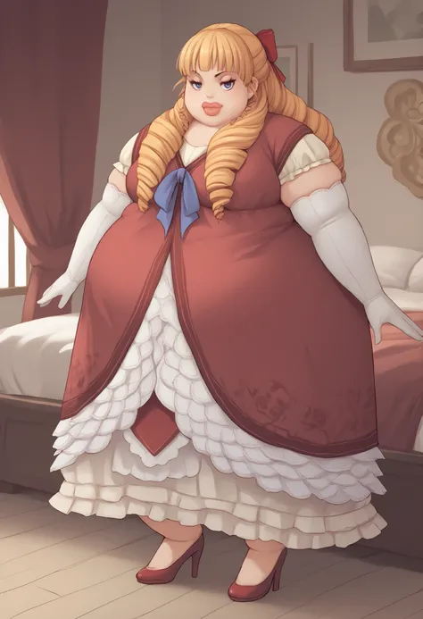 score_9, score_8_up, score_7_up, score_6_up, score_5_up, score_4_up, BREAK source_anime,
1girl, solo,  full body shot,  looking at viewer, smile, bedroom,
  , 
  Margarita Dresden, long hair, drill hair, hair ribbon, medium breasts, fat, chubby, obese, thi...