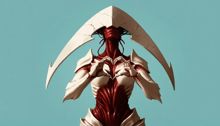 score_9, score_8_up, score_7_up, score_6_up, score_5_up, score_4_up, 1girl,  solo, monster, faceless, eyeless, thick thighs, no humans, claws, red skin, colored skin, armor, breasts, helmet, standing, upper body, heart hands, 
(light blue background), simp...