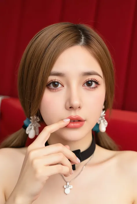 1 woman in f, multicolored eyes, unique , flower, jewelry, Red Background, Long hair, necklace, bracelet, hair flower,  Red-haired Girl , looking at the audience , hair accessories, simple background, Upper body, teeth, multicolo Red-haired Girl , Bangs, H...