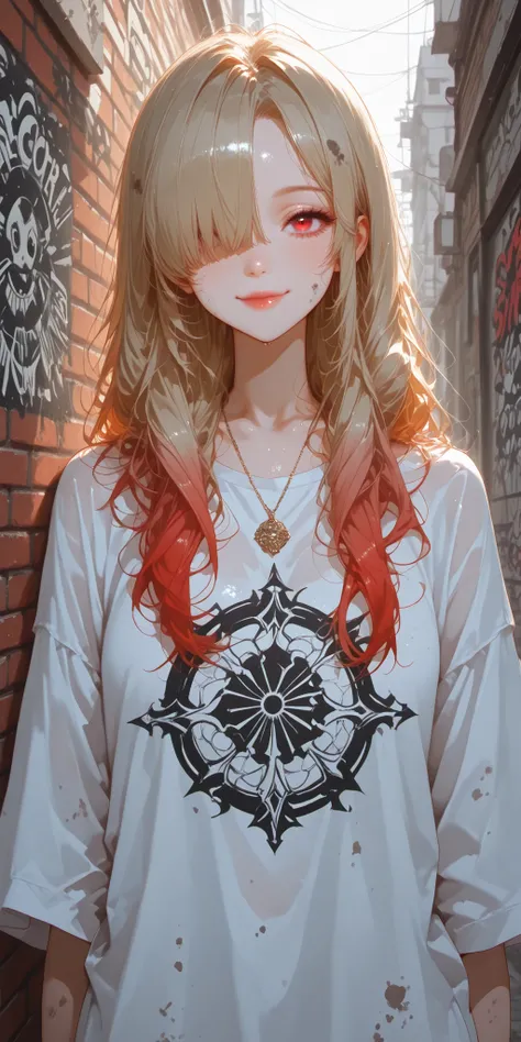 ультра реалистичное 8k cg, masterpiece, ((ultra detailed background, delicate pattern, complex part)), Best quality, complex parts, chromatic aberration, 1 girl, long hair, Golden hair, dirty hair, red highlights, hair over one eye, keen eyes, necklace, Br...
