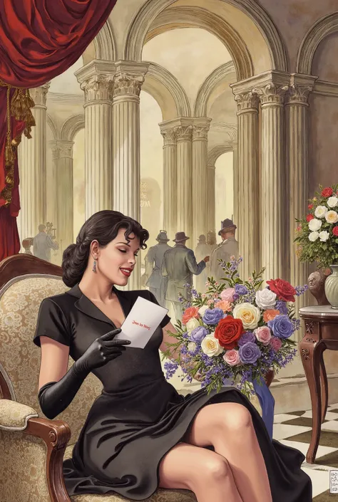  1940s , elegant woman sitting on the armchair of an old hotel lobby, imagem premiada, woman holding a bouquet of flowers that she decided to win from a secret admirer, She looks at Pbuque all smiling and reads a romantic card