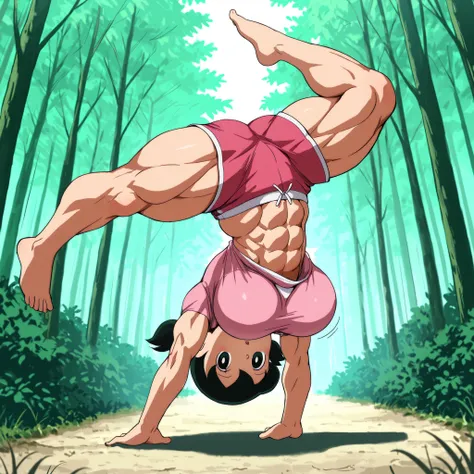 score_9, source_anime, rating_safe BREAK 1girl, solo, minamoto shizuka \(doraemon\), black hair, low twintails, short twintails, black eyes, pink shirt, white solo, long Shot, looking at viewer, eye level shot,big pec's, over-sized breast,pink shirt, pink ...
