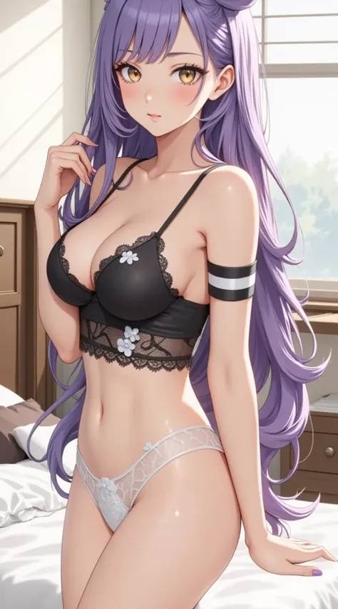  (masterpiece,  computer, mejor quality,  Clear focus, shadow, anime-style, Ultra High Resolution, 8K, perfect anatomy, perfect face, (detailed face), (  Detailed eye  ), score_9, score_8_above, score_7_above, score_6_above, score_5_above, score_4_above,  source _animated, Label 1, Label2, quality_masterpiece, Anatomically correct, beautiful face, perfect face, Beautiful and highly detailed face and eyes, Attractive face, detailed face, delicate facial features, detailed skin, huge breasts, breast size cup D or DD, wide hips, gigantic ass, thick thighs. looking at the spectator. Anime-style illustration of a beautiful woman with an elegant and sensual look. Young anime girl with long purple hair, partially tucked up and with waves. She has big golden eyes and a slightly surprised or shy expression, with blushed cheeks. She wears a short lingerie top in black with details in white lace and thin straps, as well a translucent undergarment of light tone with small ornaments in the shape of flowers. On both arms she wears black bands with white stripes. The background seems to be a bedroom, with a bed and wooden furniture. The visual style is characteristic of Japanese digital art, with a focus on facial expression and costume details.