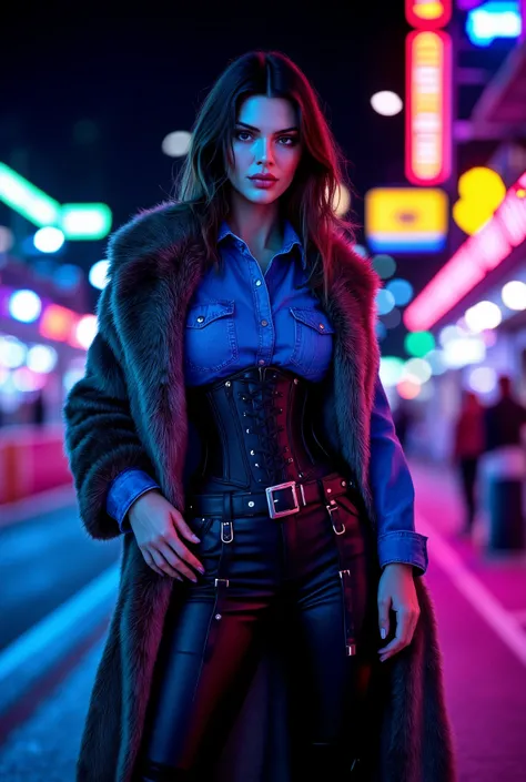 Create an image of a woman wearing a blue denim shirt paired with a tight corset with lacing and black leather pants, long fur coat, buckled belt . knee high boots with front laces, she is posing in the pitlane of an formula one race, night, neon lights, M...