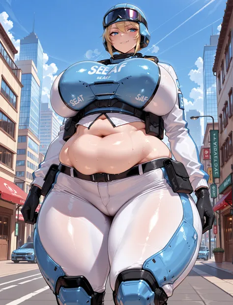 ((masterpiece, best quality:1.4,extremely detailed, detail face, detail eyes)), illustration, 8k, hd, 1female, (tall lady), whole body pic, solo, girl, adult body, short blond hair, blue eyes, , blue headwear , combat helmet , goggles on headwear , blue ey...