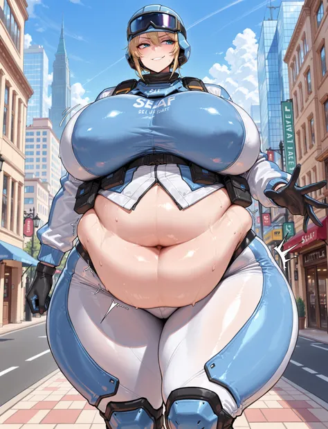 ((masterpiece, best quality:1.4,extremely detailed, detail face, detail eyes)), illustration, 8k, hd, 1female, (tall lady), whole body pic, solo, girl, adult body, short blond hair, blue eyes, , blue headwear , combat helmet , goggles on headwear , blue ey...
