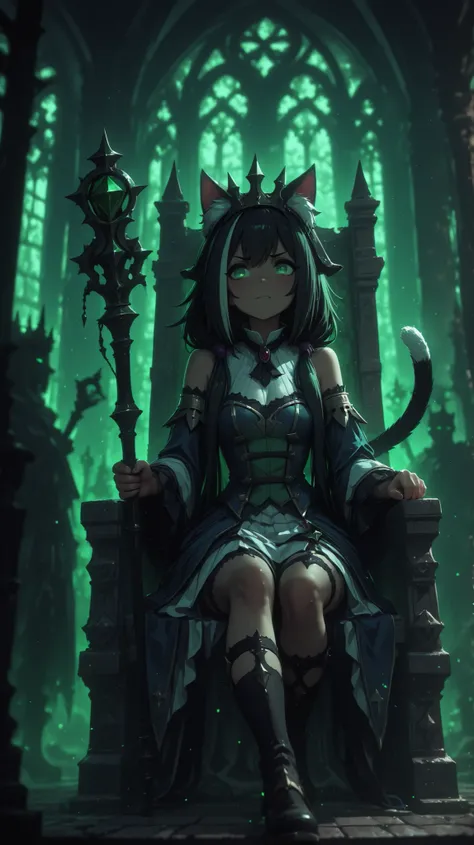 Karyl(Princess Connect),bangs,green eyes,female ,long hair, streaked hair, black hair,white hair, low twintails, green eyes,cat ears, cat tail, long hair , split bangs , side lock,Anatomically correct, Beautiful face, Perfect face, Highly detailed beautifu...