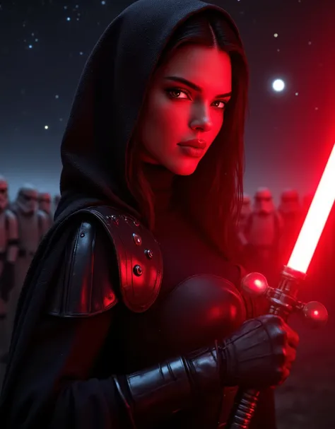 Kendall Jenner as a Mara Jade Skywalker with perfect eyes with long black hair, dressed in tight leather turtleneck combat outfit with pauldrons, using a red lightsaber, a hooded cape, strong seductive makeup, bedroom eyes, evil smirk, arrogant smirk, cine...