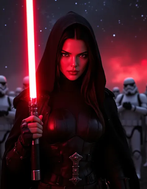 Kendall Jenner as a Mara Jade Skywalker with perfect eyes with long black hair, dressed in tight leather turtleneck combat outfit with pauldrons, using a red lightsaber, a hooded cape, strong seductive makeup, bedroom eyes, evil smirk, arrogant smirk, cine...