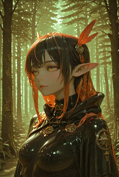 elf girl in a latex suit and cape holding a military magic bow and arrows, hairstyle with two long tails ,  Forest Landscape, magical beasts, high quality, Detailed study, photorealistic visualization, portrait, fantasy genre,  digital art , Illustration, ...