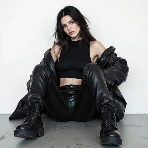 woman, This is a high-contrast photograph featuring a young woman with long hair. She is seated on the floor against a plain white wall, with her legs bent and her feet extended towards the camera. Her attire consists of tight, glossy black leather pants t...