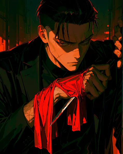 8k, beautiful masterpiece, masculine face, mature, intimidating Korean man in his late 30s, 186cm, muscular build, manly hands, olive-toned skin, short slicked-back undercut hair, annoyed expression with heavy-lidded eyes and dark eye bags, black eyes, sha...