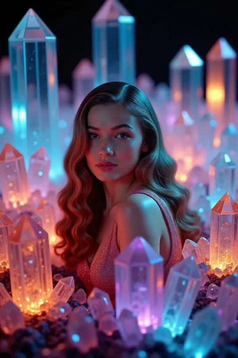 extremely attractive young woman, brunette, very long wavey hair, long eyelashes, thousands of colorful and clear quartz crystals taller than she is, coming out of the ground, crystals everywhere, ultra-realistic, ultra-detailed photorealistic, 8K, physica...