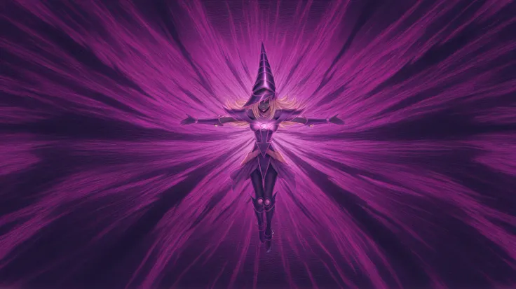 The dark magician girl giving us her back, surrounded by darkness, in vibrant pastel colors. Epic and shocking image in Daisuke Satō style.
