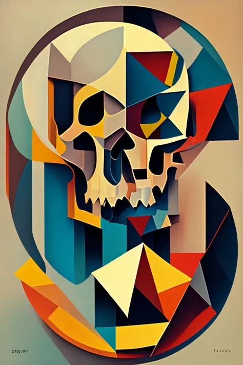 Skull portrait, picasso style, cubism, cube, circle, triangle, artistic composition, cubism, muted colors, radiography style