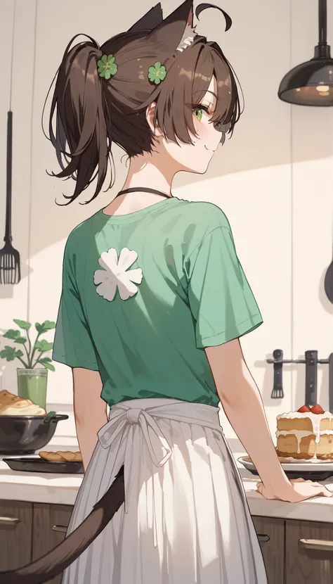 Catgirl ,, brunette,in Green Eye,Cool Hair Long Bob, Ahoge,slim, Tomboy,Fierce face, has a tail , Milf, pudding colour hair,upper body shape,Clover Hairpin,smile,two-piece ,Short ponytail,pigtail,Green Short Sleeve T-Shirt,white apron,white pleated skirt,I...