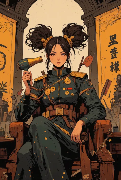 A powerful young empress with elaborate golden twin-tails styled like scorpion tails, sitting on a lavish throne made of combs and hairbrushes. Her expression is mischievous and smug, holding a tiny hairdryer like a royal scepter. The scene is regal but la...