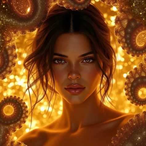 A glamorous woman with tousled waves and a flirtatious smile, set against a luxurious, opulent gold backdrop, adorned with fractal patterns.