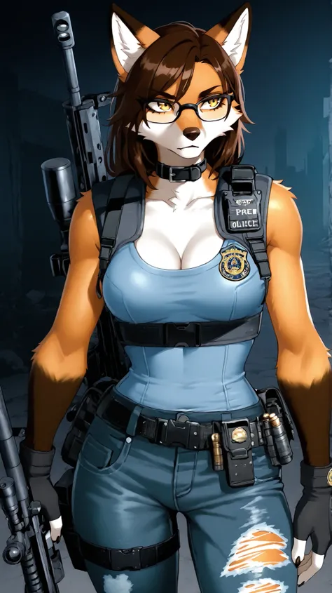 wolfcut, fluffy brown hair, voluminous brown hair,Source_furry,   furry, anthro, light orange furred fox black rim glasses, black collar, curvy body, golden eyes, slim, medium breasts, post-apocalypse, worn bullet proof vest, cleavage showing, tight worn, ...