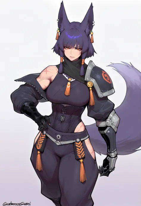 gorgeous kitsune girl, beautiful face, kitsune, hair of ash-purple color, beautiful woman, golden orange eyes, slit pupils, personalami style, volputrous body, toned woman, curvy and athletic, fox ears, short hair, dark adventurer jacket, buggy pants, sing...