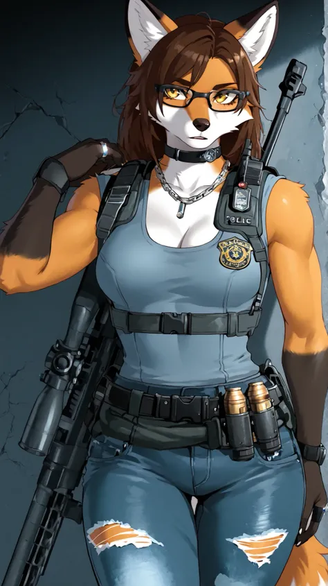 wolfcut, fluffy brown hair, voluminous brown hair,Source_furry,   furry, anthro, light orange furred fox black rim glasses, black collar, curvy body, golden eyes, slim, medium breasts, post-apocalypse, worn bullet proof vest, cleavage showing, tight worn, ...