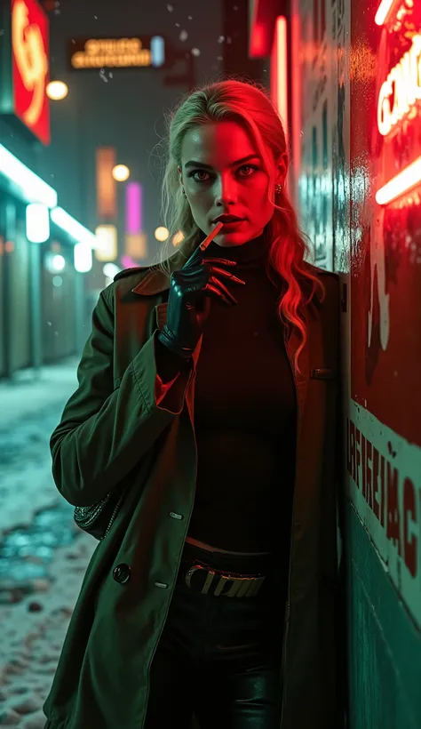 Hyper-realistic cinematic portrait of Margot Robbie reimagined as Sonya Blade in a 1960s Cold War spy thriller Mortal Kombat universe. She wears a tailored olive trench coat with a black turtleneck, leather gloves, and a holstered pistol. She leans against...