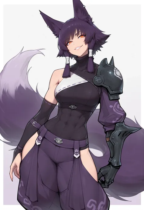 gorgeous kitsune girl, beautiful face, kitsune, hair of ash-purple color, beautiful woman, orange eyes, slit pupils, personalami style, volputrous body, toned woman, curvy and athletic, fox ears, short hair, dark adventurer jacket, buggy pants, single paul...
