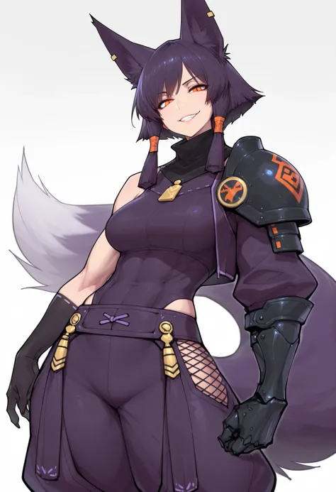 gorgeous kitsune girl, beautiful face, kitsune, hair of ash-purple color, beautiful woman, orange eyes, slit pupils, personalami style, volputrous body, toned woman, curvy and athletic, fox ears, short hair, dark adventurer jacket, buggy pants, single pauldron, single vambrace, single gauntlet, black hands, fox tail, sly smile, attractive proportions, defined athletic arms and legs, athletic lanky body, fox ears, calm dominant expression, hair tubes, half-closed eyes, medium breasts, huntress, masterpiece, ultra definition, simple white background