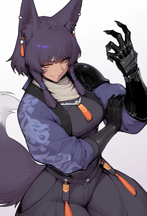 gorgeous kitsune girl, beautiful face, kitsune, hair of ash-purple color, beautiful woman, orange eyes, slit pupils, personalami style, volputrous body, toned woman, curvy and athletic, fox ears, short hair, dark adventurer jacket, buggy pants, single paul...