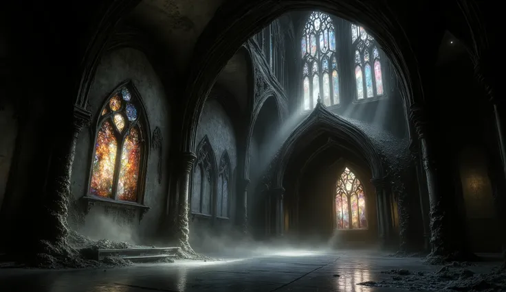 Eerie abandoned church, gothic horror style, broken stained glass, unsettling silence.