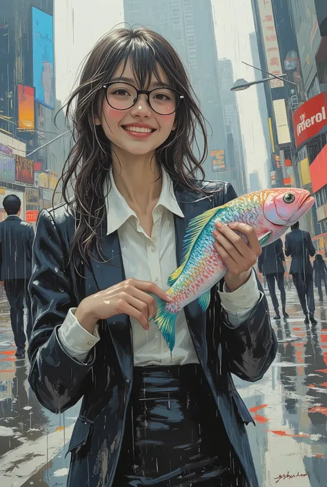medium shot, a woman with glasses and sleek business attire — dark blazer, white shirt, and pencil skirt — completely soaked from rain, standing in the center of a modern office district, holding a bizarre, vibrantly colored surreal fish with glowing fins,...