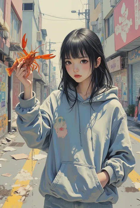 medium shot, a girl with pale skin and straight black hair with blunt bangs, resembling ano-chan style, wearing an oversized hoodie, standing in a quiet urban street, smirking mischievously while holding a live crawfish by the claw, acrylic painting, high ...