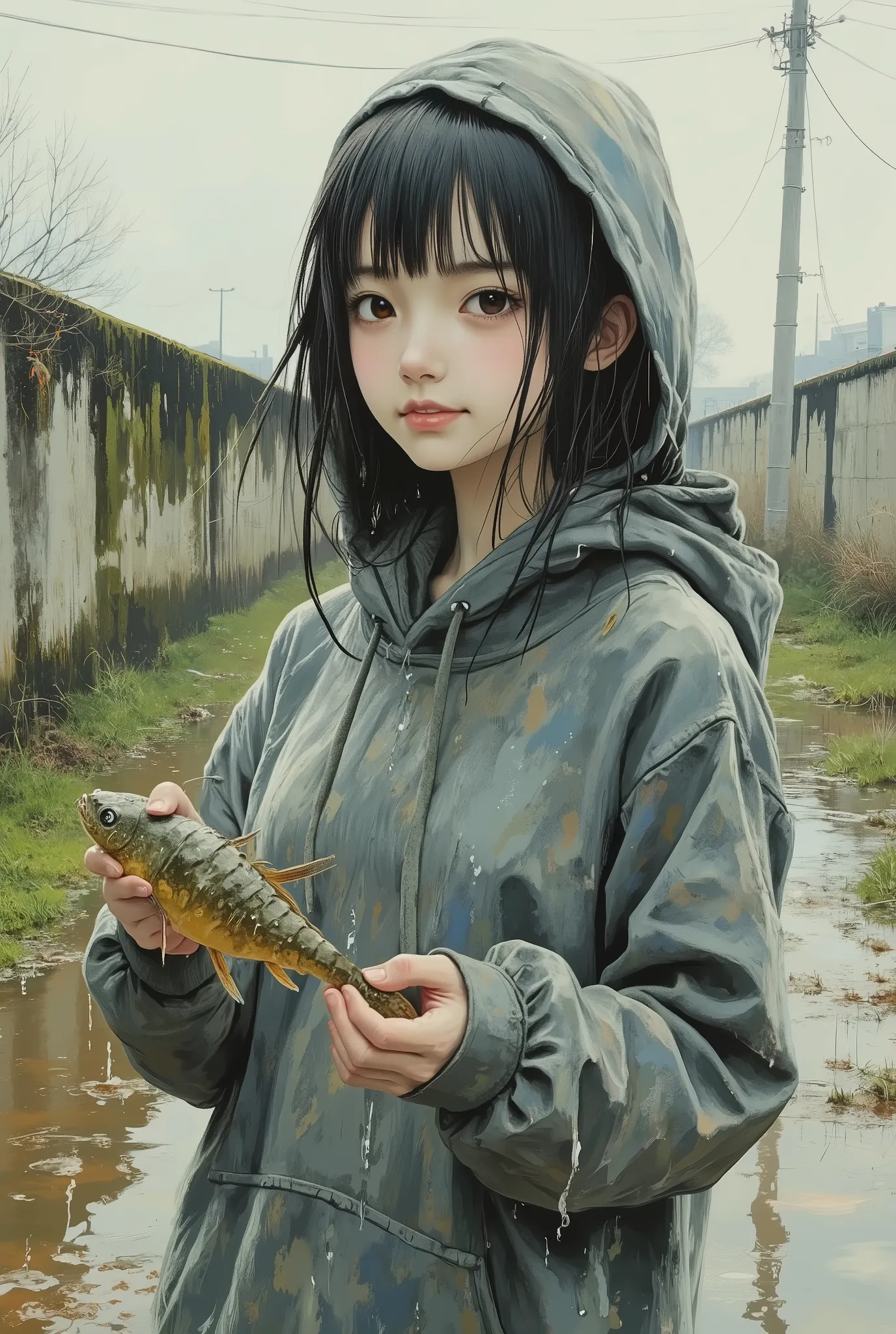 medium shot, a girl with pale skin and straight black hair with blunt bangs, resembling ano-chan style, wearing an oversized hoodie soaked with rain, standing near a rural concrete irrigation canal, smirking while holding a live crawfish by the claw, acryl...