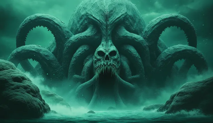 Eldritch horror from the deep sea, cosmic horror style, tentacled monstrosity, dark waters.