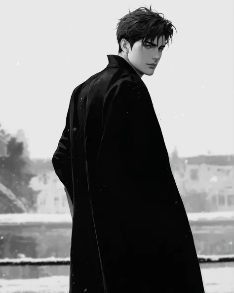 Арафедский мужчина in a black coat стоит на мосту,  official editorial content by Jil Sander, He wears a black coat, in a black coat,  in a black coat , Tadashi Nakayama, editorial model,  by Sylvia Pelissero ,  by Alastair Grant Taylor ,  official Valenti...